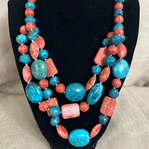 Lucas Lameth (LUC) Turquoise and Apple Coral 3 Beaded Necklace